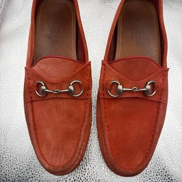 Gucci Coral red Suede Horsebit Loafers with Silver Accents size 8 1/2 G $890 Mens Red Gucci Leather Horse Bit Loafers Sz 11 G / 12  main image 4